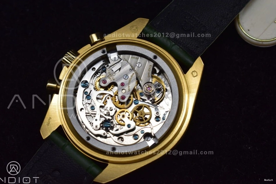 Manual Dial Moonwatch YG Green Speedmaster Strap Moonshine Green in Chrono Leather RMF Gold on Best Edition 0101